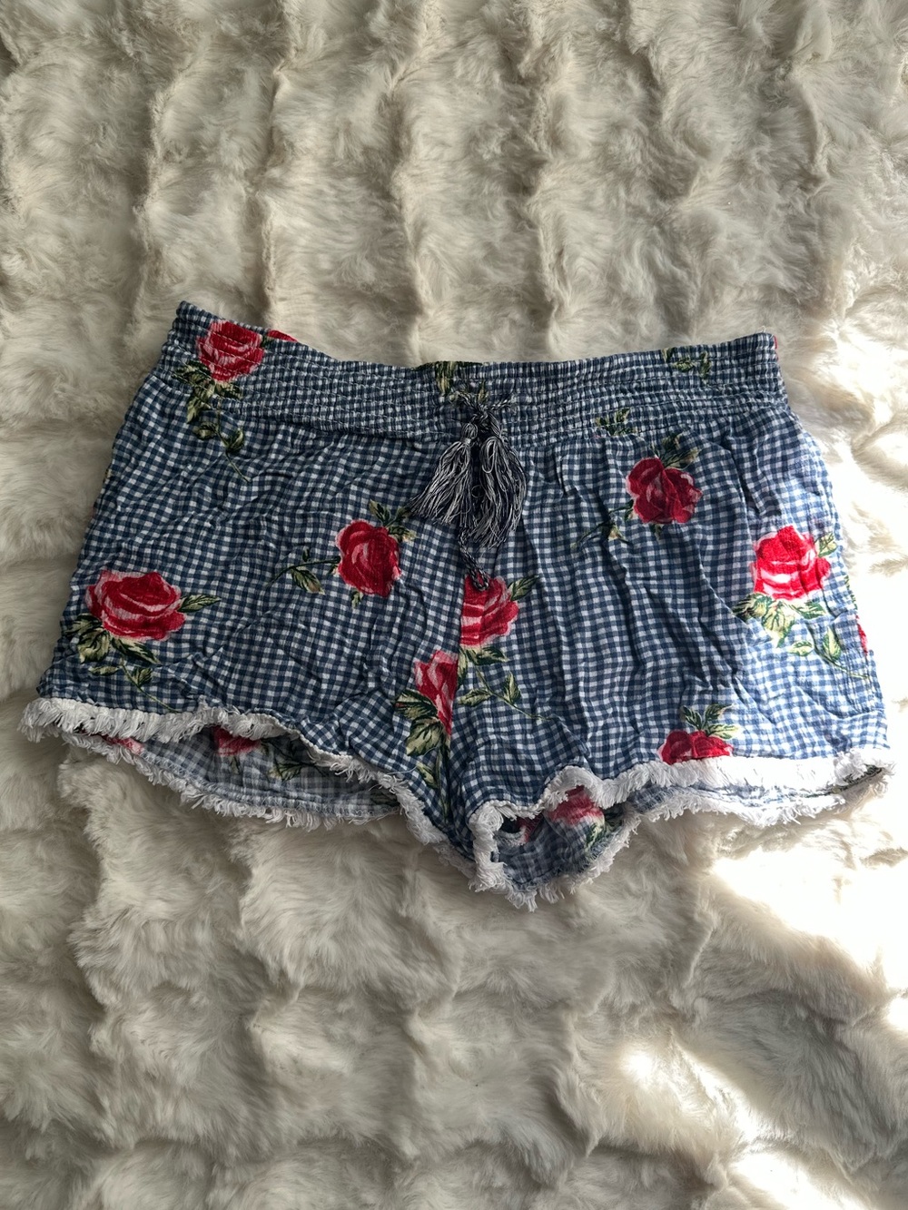 Dolls Floral Gingham Lounge Shorts - Blue with Red Rose Print- Women’s